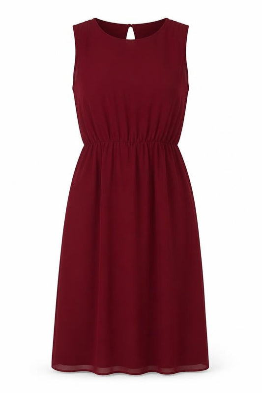 Front view of Billie & Blossom women’s red polyester a-line, size UK 12, boat neck button
