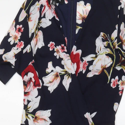 PARISIAN SIGNATURE Womens Blue Floral Polyester A-Line Size 8 V-Neck Zip