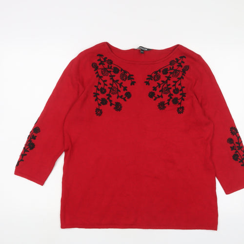 Bonmarché Womens Red Boat Neck Floral Acrylic Pullover Jumper Size 16 - Embroidered