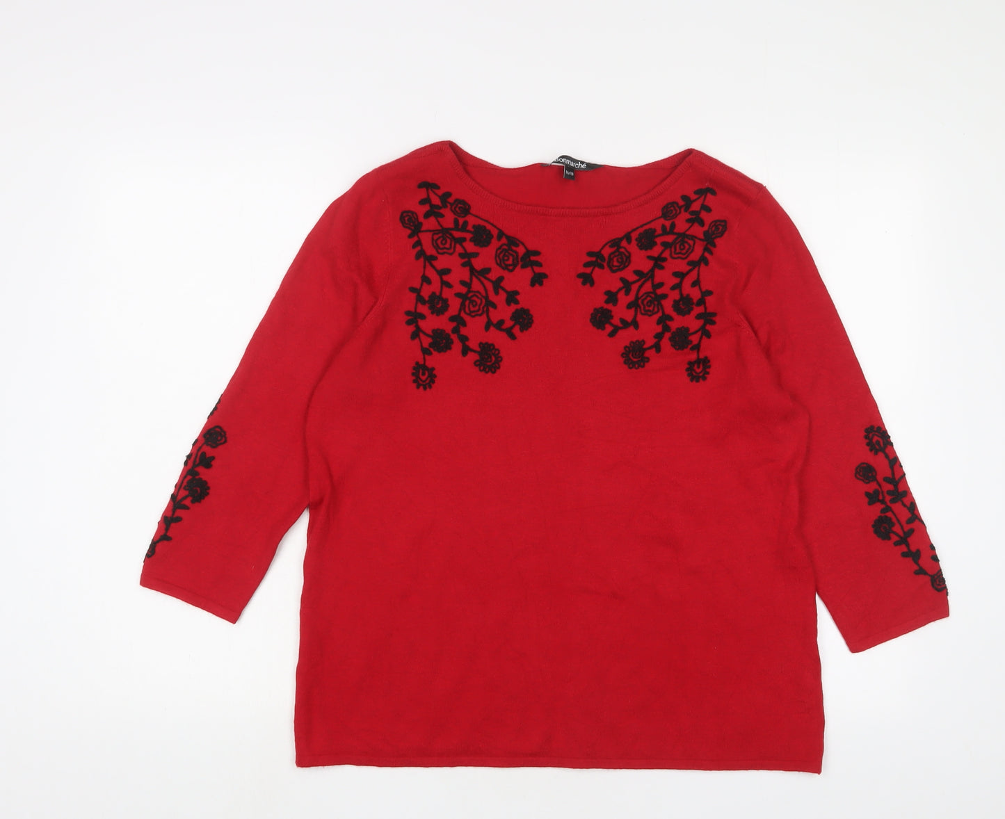 Bonmarché Womens Red Boat Neck Floral Acrylic Pullover Jumper Size 16 - Embroidered