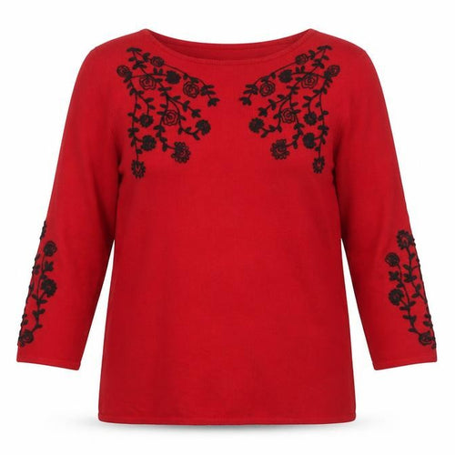 Bonmarché Womens Red Boat Neck Floral Acrylic Pullover Jumper Size 16 - Embroidered