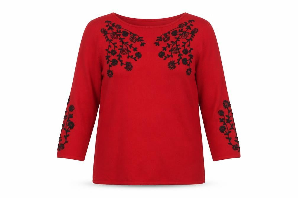 Bonmarché Womens Red Boat Neck Floral Acrylic Pullover Jumper Size 16 - Embroidered