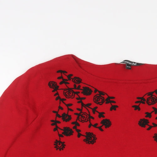 Bonmarché Womens Red Boat Neck Floral Acrylic Pullover Jumper Size 16 - Embroidered