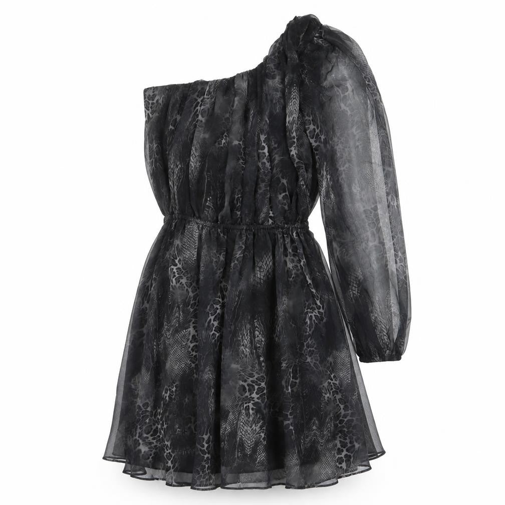 Front view of Miso women’s grey animal print polyester a-line, size UK 10, one shoulder pullover