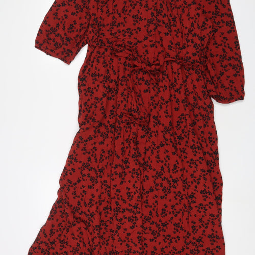 NEXT Womens Red Floral Viscose A-Line Size 10 Collared Button - Belted