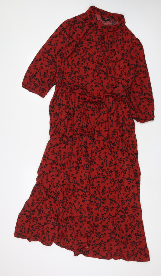 NEXT Womens Red Floral Viscose A-Line Size 10 Collared Button - Belted