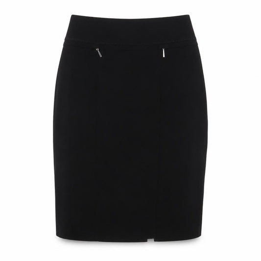 Front view of Marks & Spencer women’s black polyester a-line skirt, size UK 10, zip