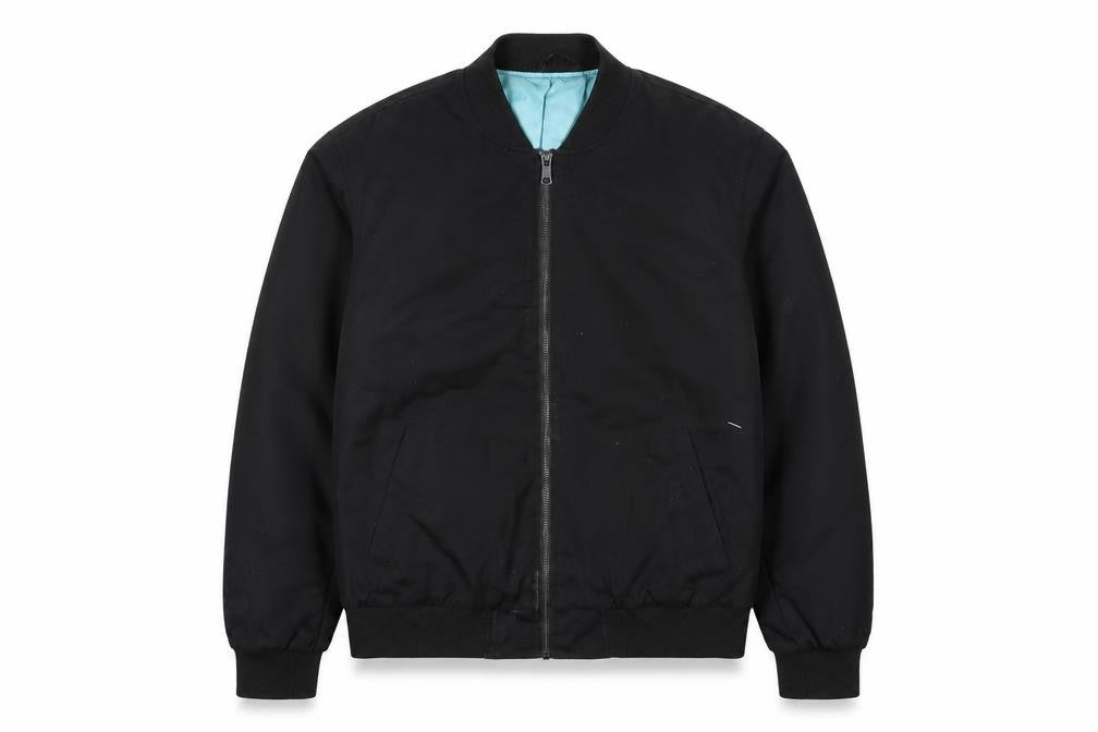 Front view of River Island men’s black bomber jacket jacket, size S, zip
