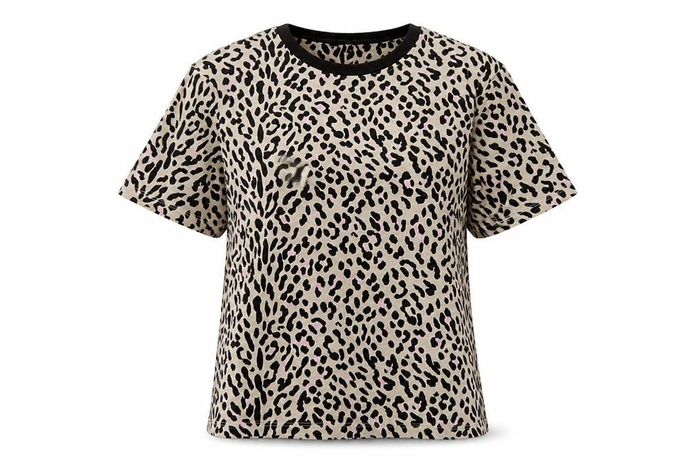 Front view of Next women’s brown animal print polyester basic t-shirt, size M, crew neck