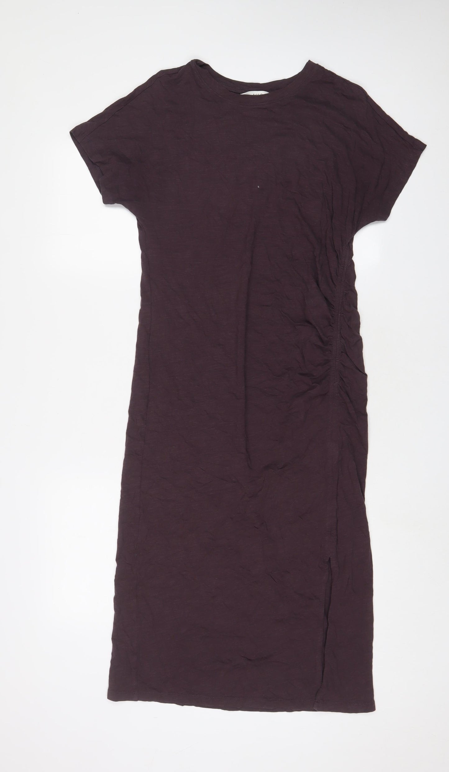 marks and Womens Purple Cotton T-Shirt Dress Size 10 Crew Neck Pullover - Ruched