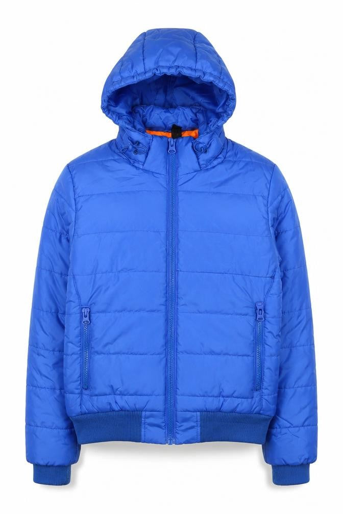 Front view of BC Collection men’s blue puffer jacket coat, size M, zip