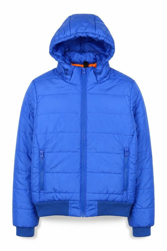 Front view of BC Collection men’s blue puffer jacket coat, size M, zip