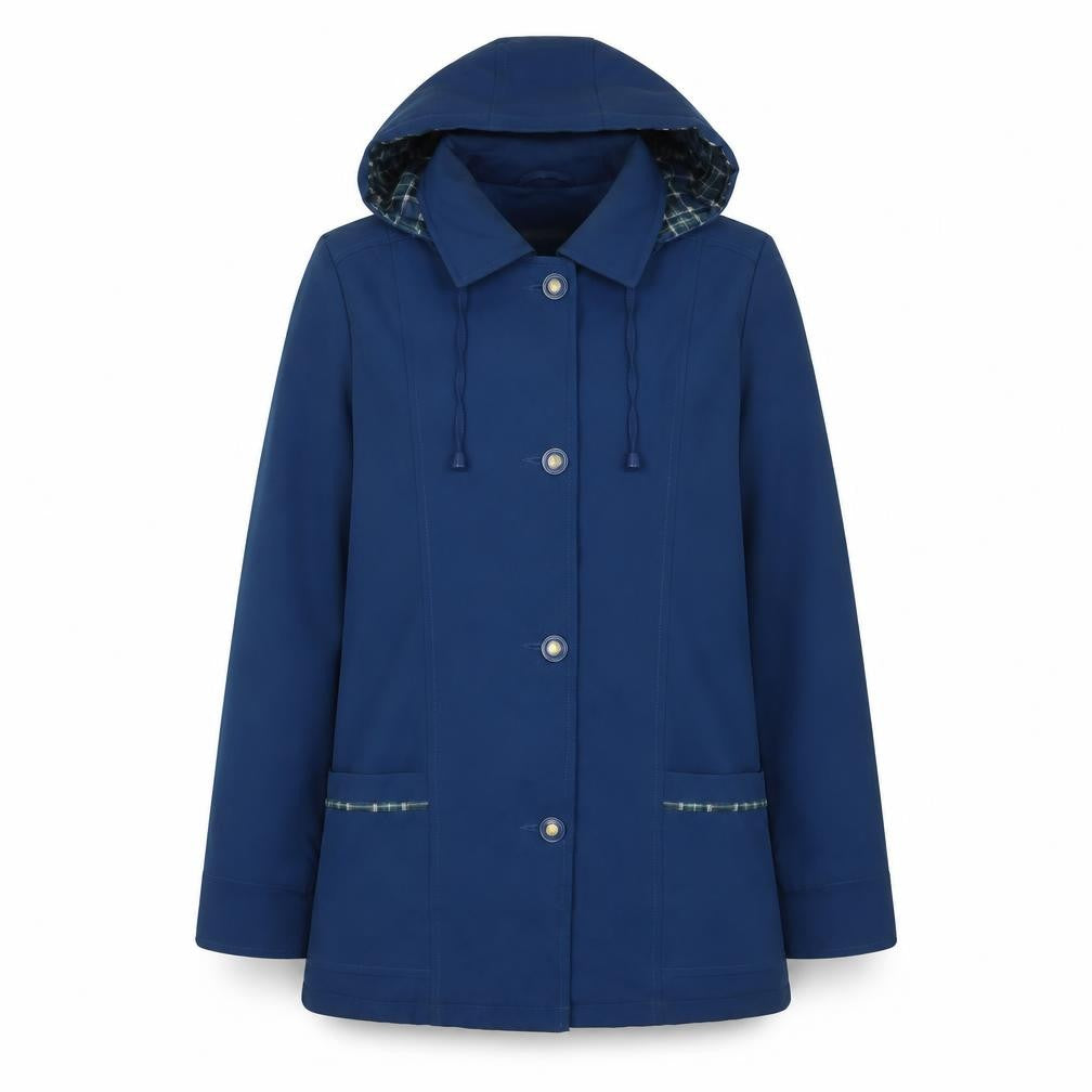 Front view of Damart women’s blue jacket coat, size UK 12, zip