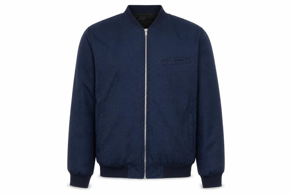 Front view of Boohoo men’s blue plaid bomber jacket jacket, size M, zip