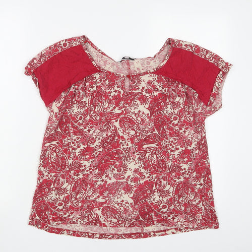 NEXT Womens Red Fair Isle Cotton Basic T-Shirt Size 12 Boat Neck - Embroidered