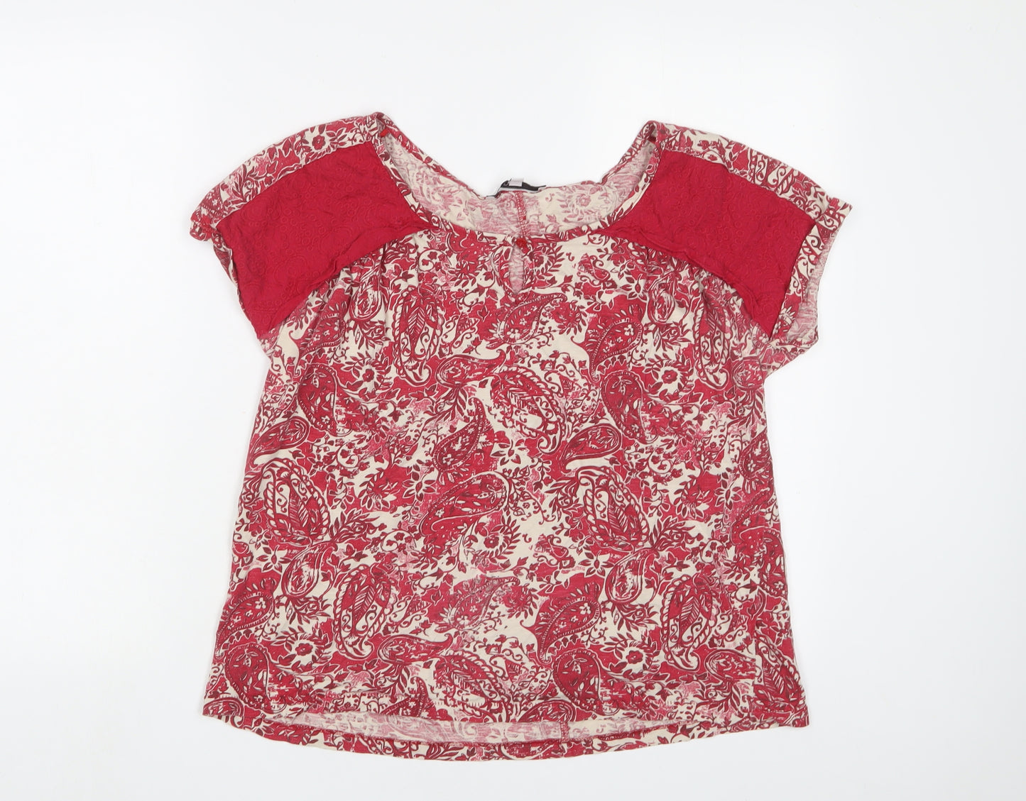 NEXT Womens Red Fair Isle Cotton Basic T-Shirt Size 12 Boat Neck - Embroidered