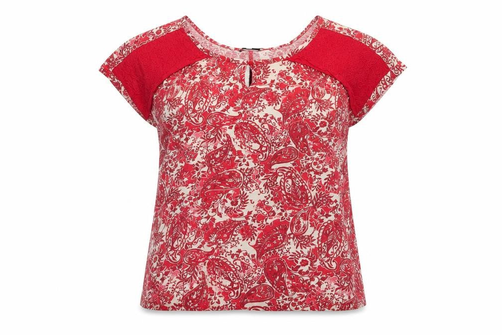 Front view of Next women’s red fair isle cotton basic t-shirt, size UK 12, boat neck - embroidered