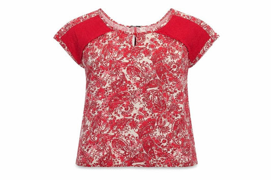 Front view of Next women’s red fair isle cotton basic t-shirt, size UK 12, boat neck - embroidered