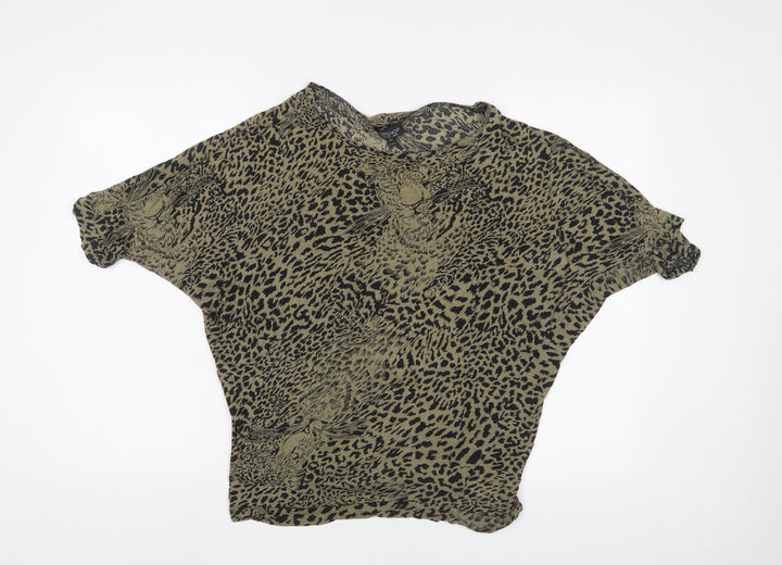 Topshop Womens Green Animal Print Polyester Basic T-Shirt Size 10 Crew Neck