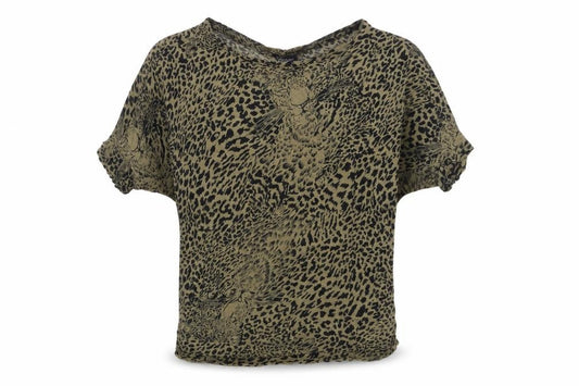 Front view of Topshop women’s green animal print polyester basic t-shirt, size UK 10, crew neck