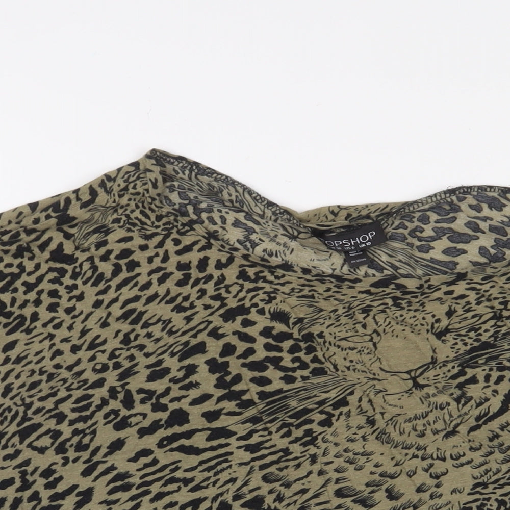 Topshop Womens Green Animal Print Polyester Basic T-Shirt Size 10 Crew Neck