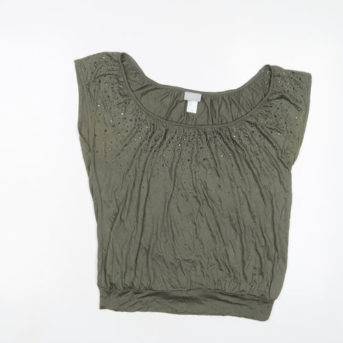 H&M Womens Green Viscose Basic T-Shirt Size S Scoop Neck - Studded
