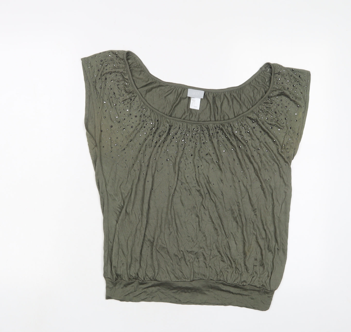 H&M Womens Green Viscose Basic T-Shirt Size S Scoop Neck - Studded