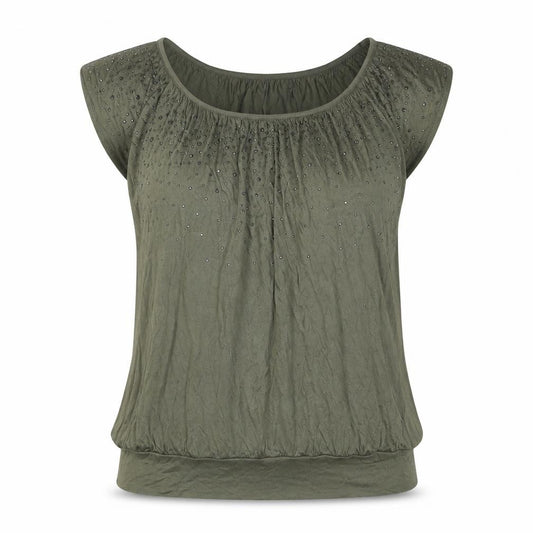 Front view of H&M women’s green viscose basic t-shirt, size S, scoop neck - studded