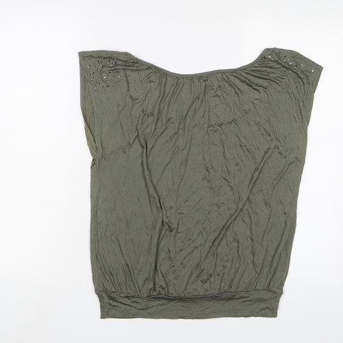 H&M Womens Green Viscose Basic T-Shirt Size S Scoop Neck - Studded
