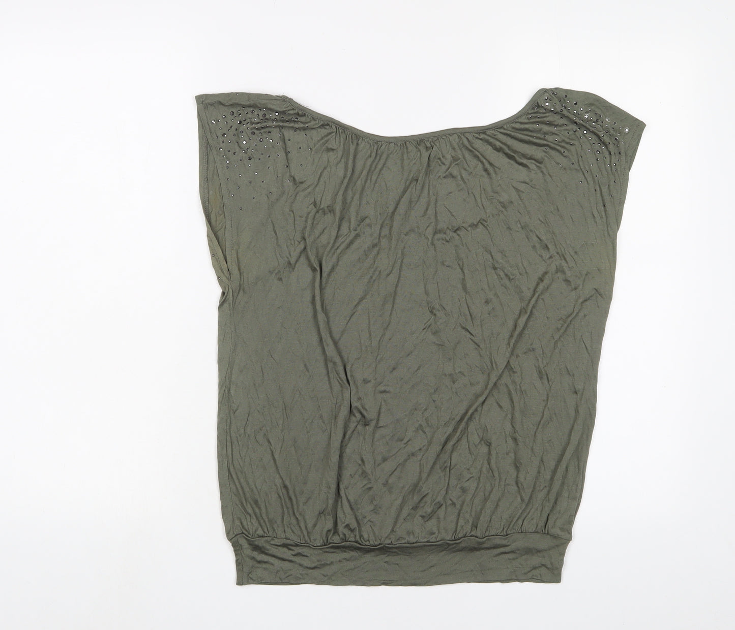 H&M Womens Green Viscose Basic T-Shirt Size S Scoop Neck - Studded