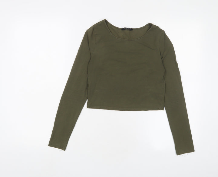 New Look Womens Green Cotton Cropped T-Shirt Size 8 Collared