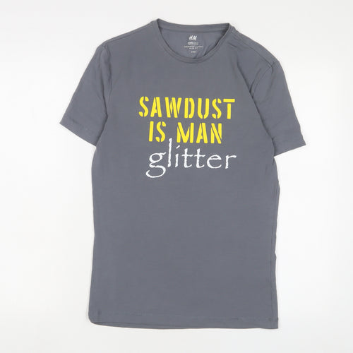 H&M Mens Grey Cotton T-Shirt Size S Crew Neck - Sawdust is man glitter
