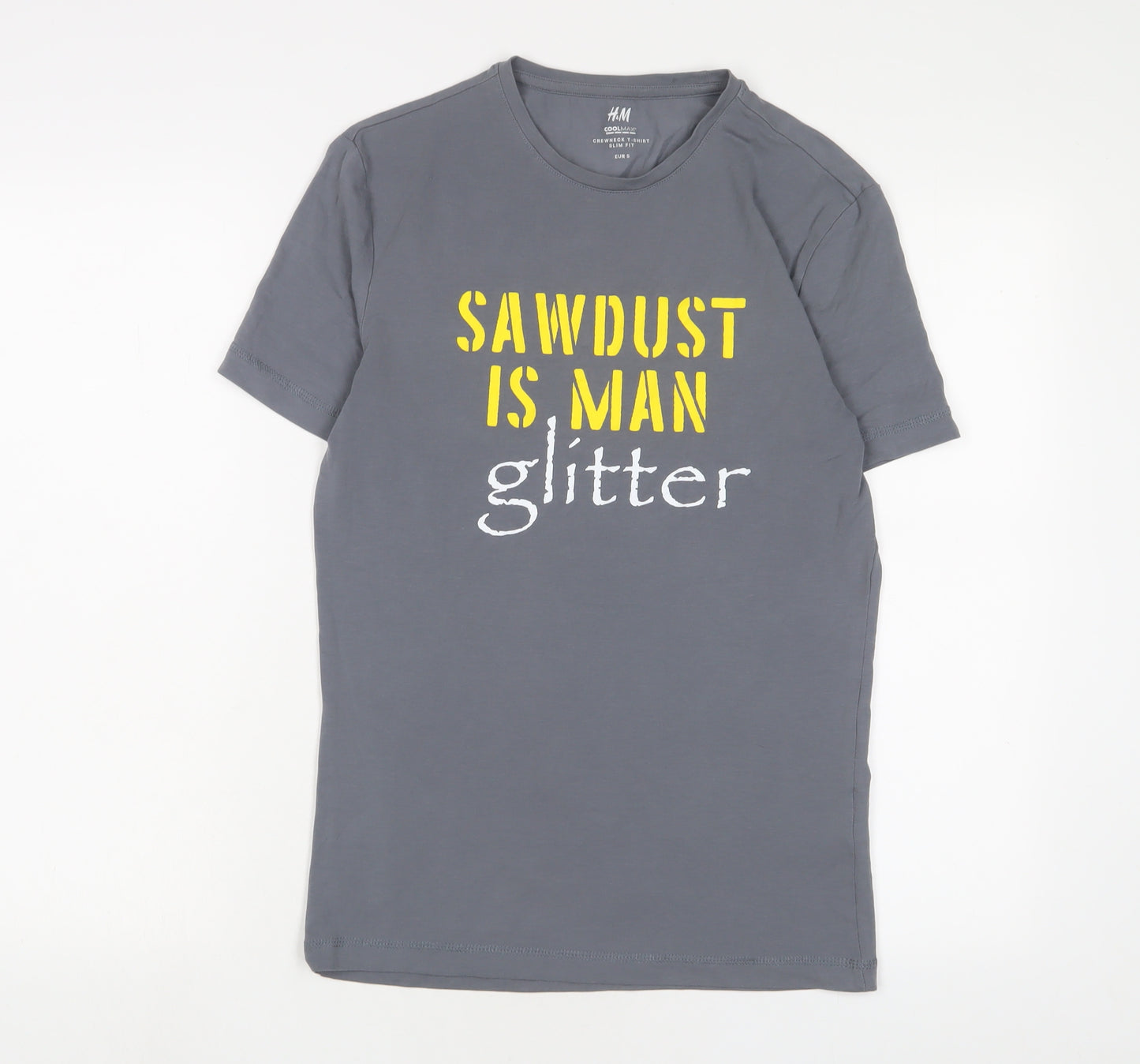 H&M Mens Grey Cotton T-Shirt Size S Crew Neck - Sawdust is man glitter