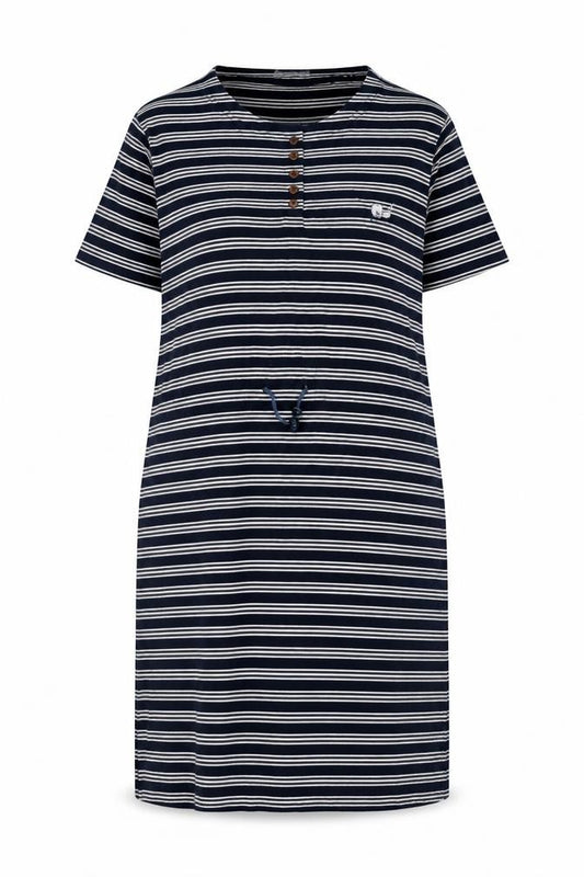 Front view of sundial women’s blue striped polyester a-line, size M, henley button