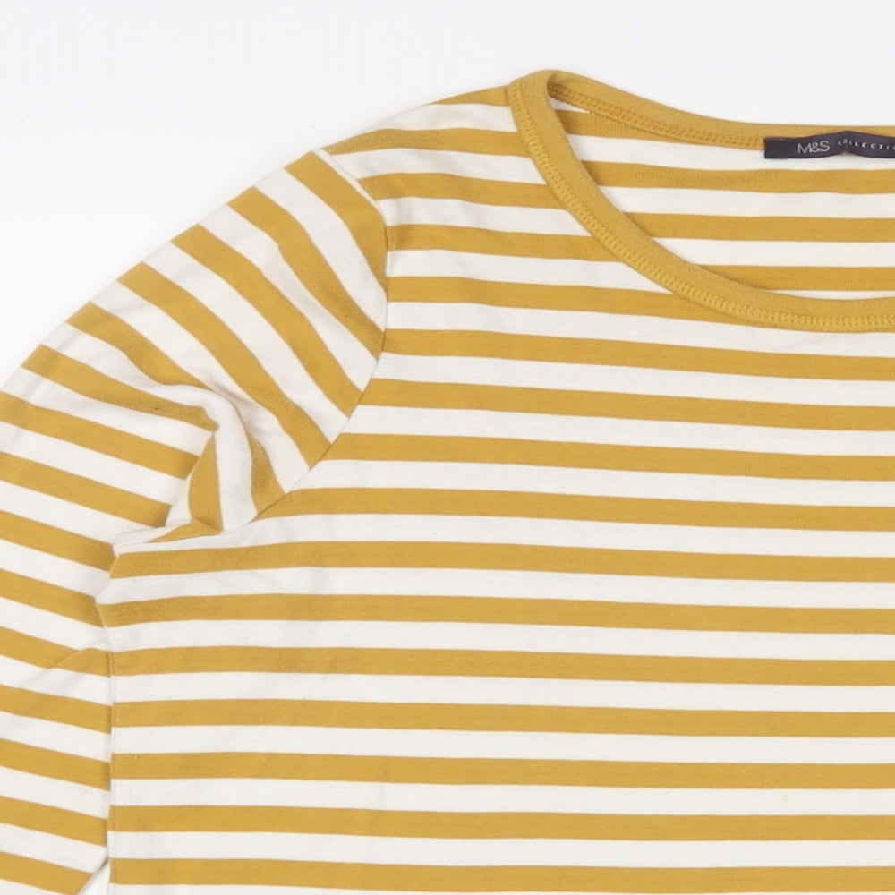 Marks and Spencer Womens Yellow Striped Cotton Basic T-Shirt Size 16 Crew Neck