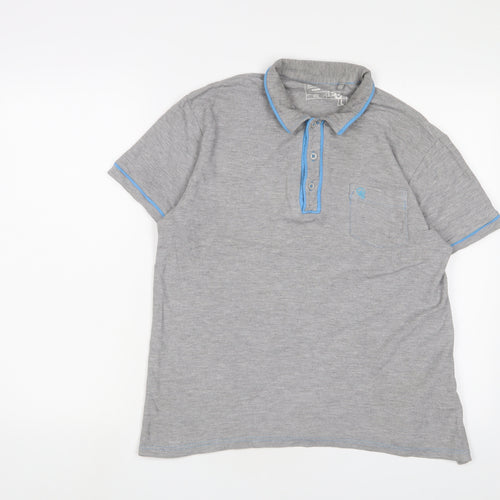 New Look Mens Grey Cotton Polo Size L Collared Button - Logo, Embroidered