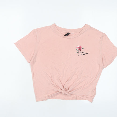 H&M Womens Pink Viscose Cropped T-Shirt Size M Crew Neck - Embroidered