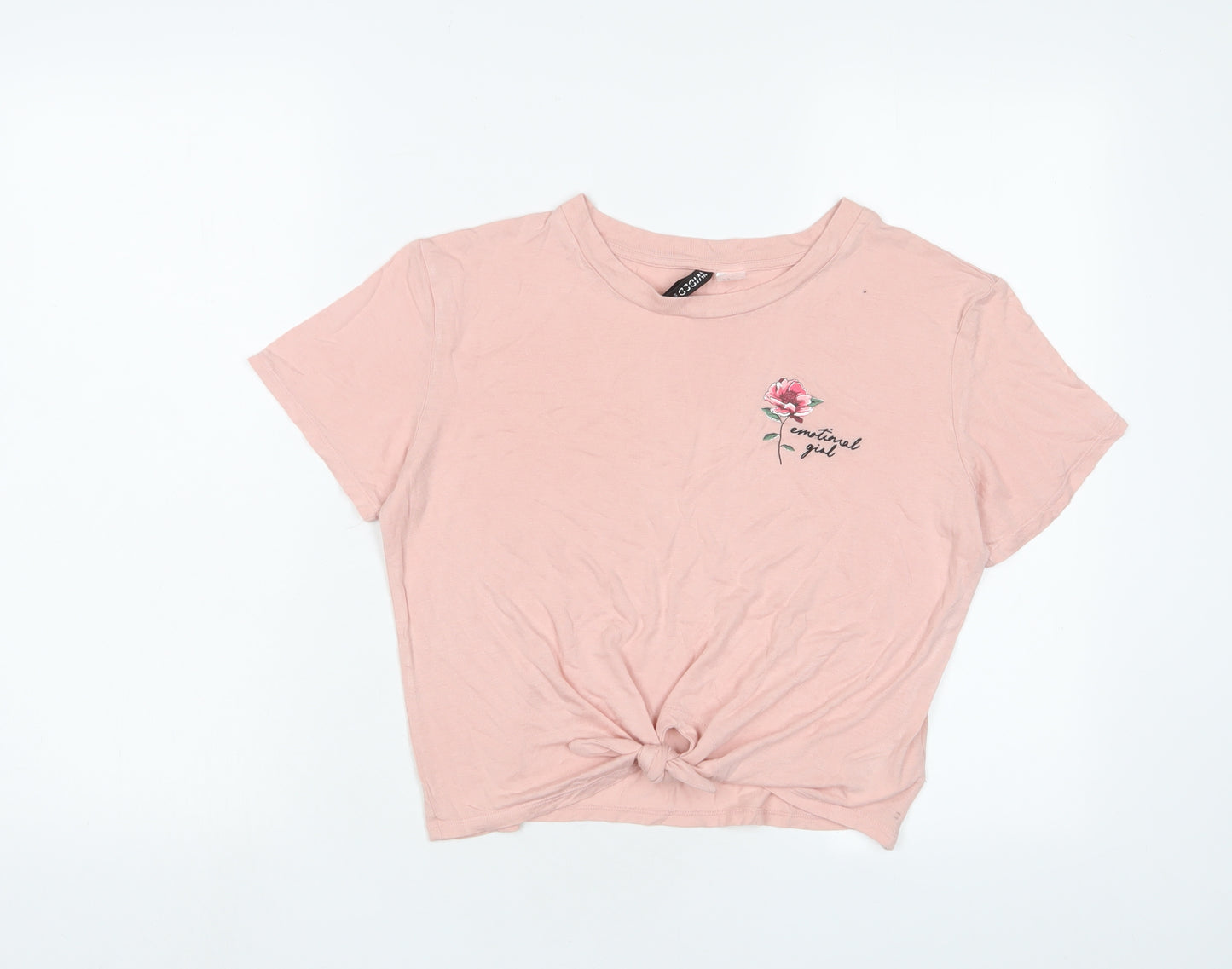 H&M Womens Pink Viscose Cropped T-Shirt Size M Crew Neck - Embroidered