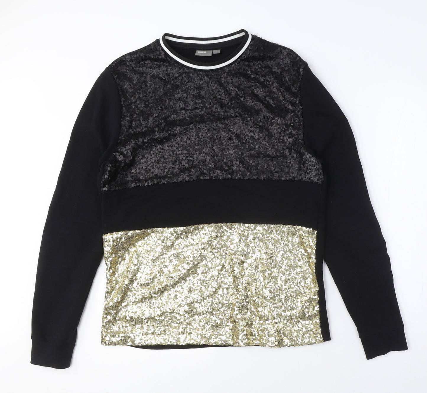 Women's Black Gold Sequin Pullover Sweatshirt, Size Regular