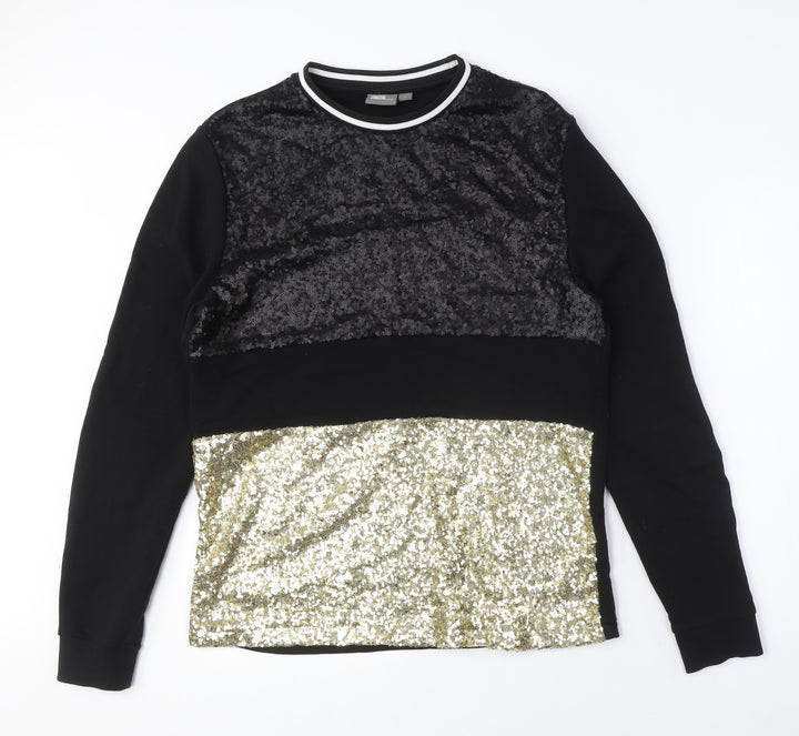 Women's Black Gold Sequin Pullover Sweatshirt, Size Regular