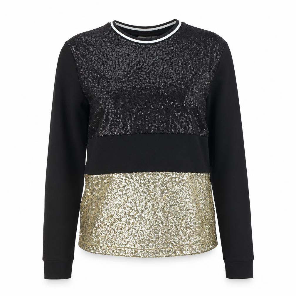 Front view of Women's Black Gold Sequin Pullover Sweatshirt, Size Regular