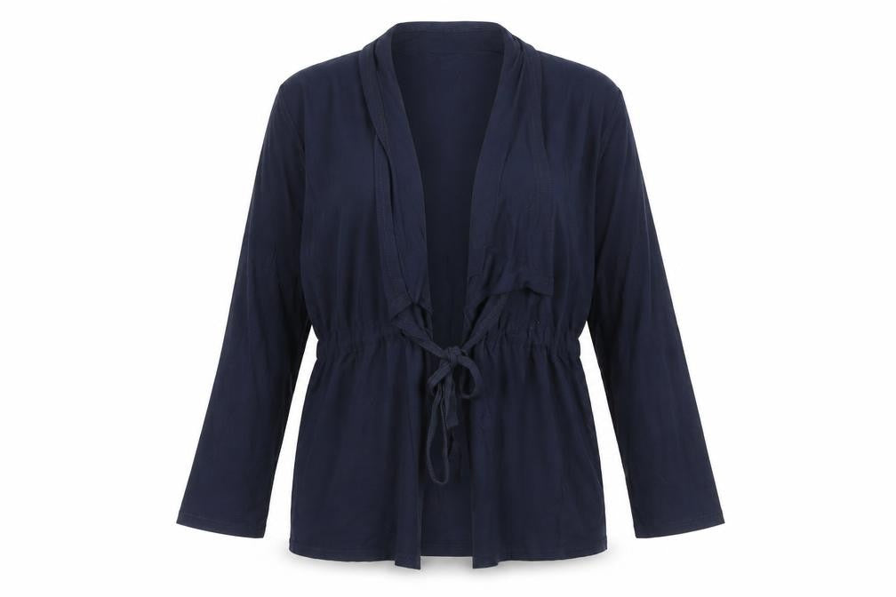 Front view of MASA women’s blue v-neck viscose shrug jumper, size M