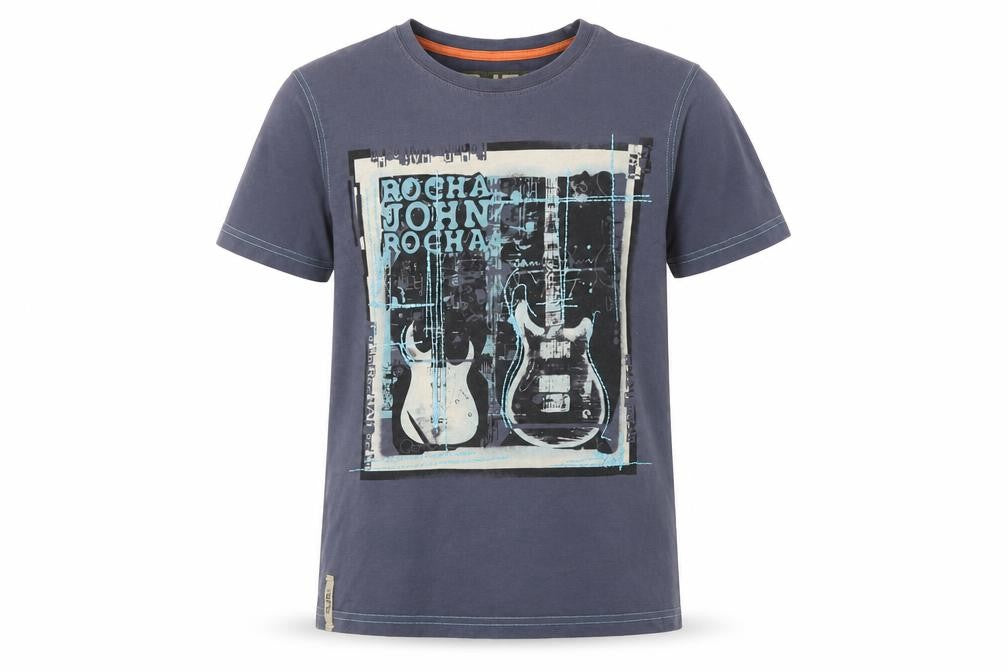 Rocha John Rocha Boys Blue Cotton Basic T-Shirt Size 9-10 Years Round Neck - Guitars