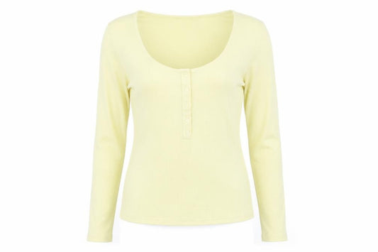 Front view of NA-KD women’s yellow polyester basic t-shirt, size S, scoop neck