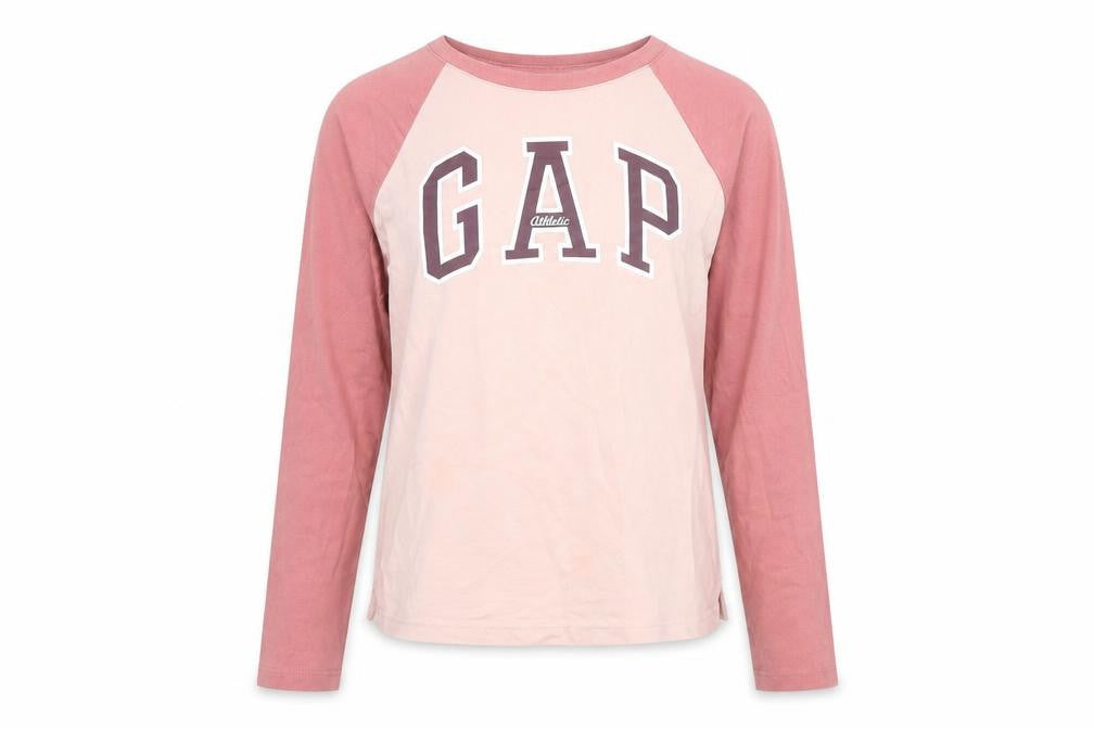 Front view of Gap girls’ pink colourblock 100% cotton basic t-shirt, size M, round neck