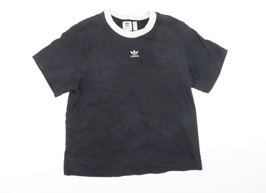 Front view of Addidas women’s black 100% cotton basic t-shirt, size UK 10, round neck