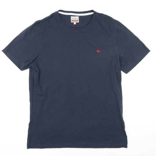 Aubin Mens Blue Herringbone Cotton T-Shirt Size L Round Neck