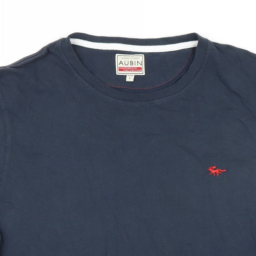Aubin Mens Blue Herringbone Cotton T-Shirt Size L Round Neck