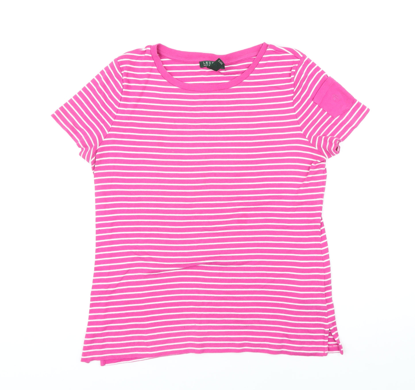 Ralph Lauren Womens Pink Striped 100% Cotton Basic T-Shirt Size XL Boat Neck