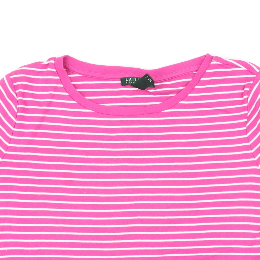 Ralph Lauren Womens Pink Striped 100% Cotton Basic T-Shirt Size XL Boat Neck